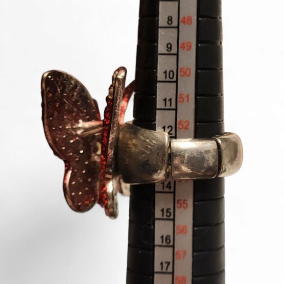 Vintage Butterfly Statement Ring, Red-Orange Rhinestone, Silver Adjustable Band - Picture 7 of 8